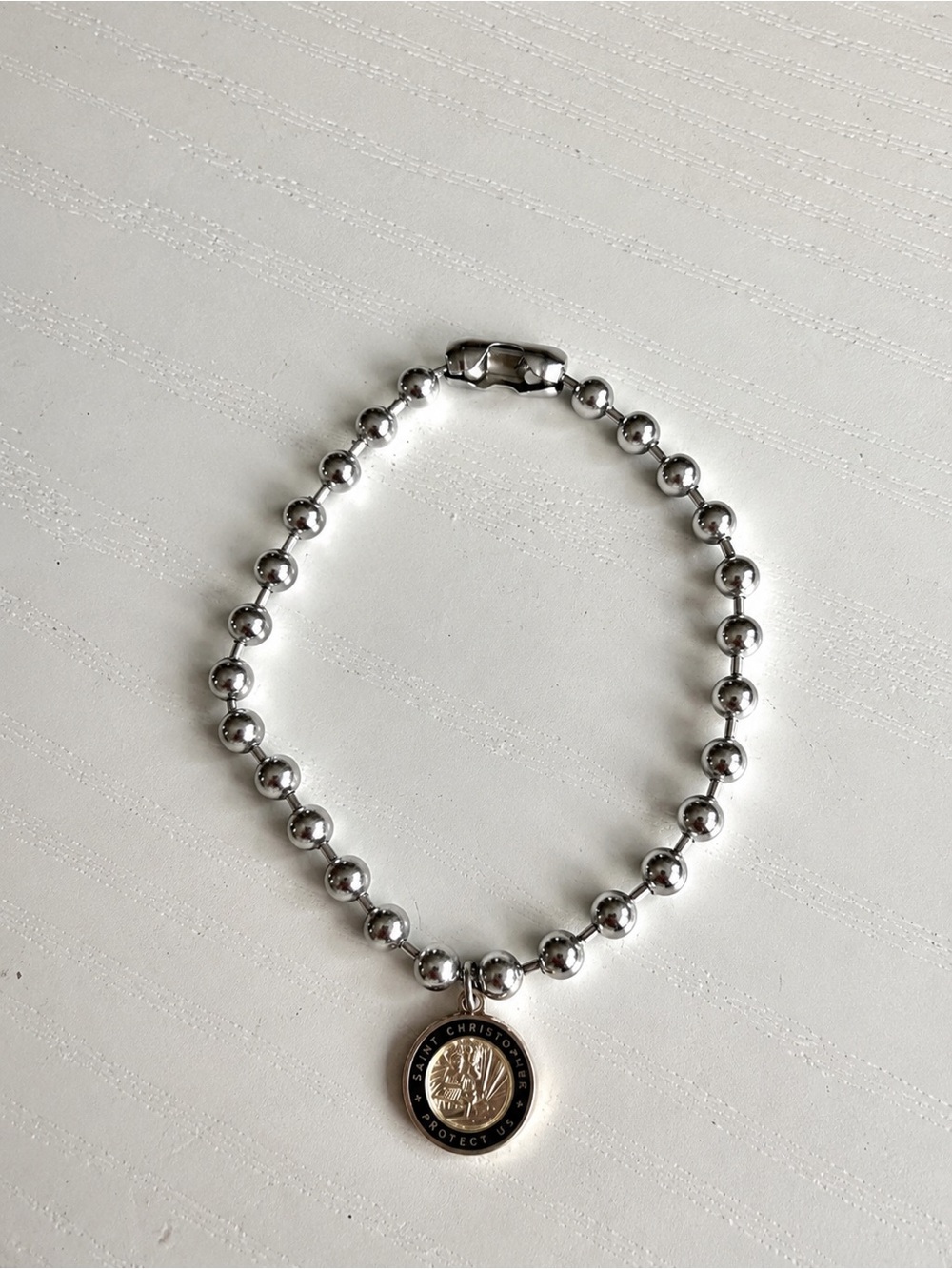 Silver Bead Bracelet with Saint Christopher Charm